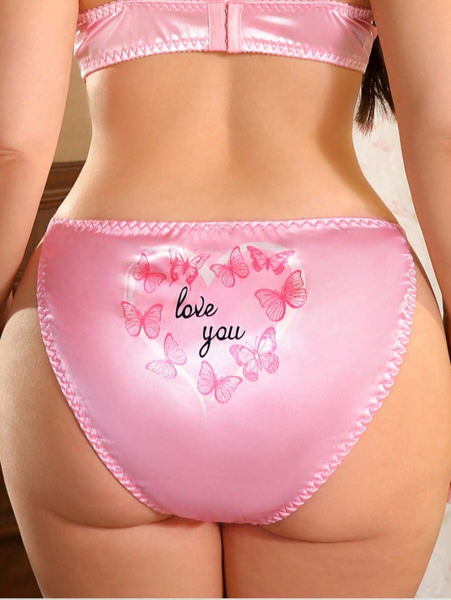SHEIN Slip da donna a contrasto di colore con fiocco e scritta "Ti amo", motivo farfalla, romantico, stile pastorale, comodo, taglie comode per il giorno di San Valentino - Rosa - Visualizzare 1