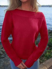 Sydney Algeri 女式不对称肩部不对称颈部两用纯色长袖毛衣，秋冬针织套头衫秋季 - 紅色 - 查看 6