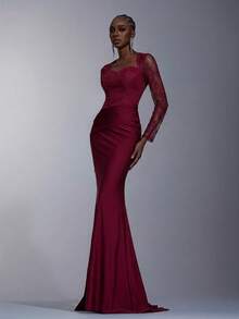Elitara Burgundy Spring Formal Evening Wedding Bridesmaid Dress,Lace Patchwork Long Sleeve Ruched Fishtail Hem Trailing Elegant Birthday Party Event Gown - Burgundy - View 6