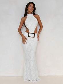 Aloruh 女士性感露背波西米亚提花连衣裙，挂脖鱼尾裙摆，适合海滩度假、优雅度假、性感派对、音乐节等场合。 - 杏色 - 查看 9