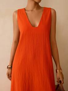 Vesra Women's V-Neck Sleeveless Loose Long Dress - Burnt Orange - View 7