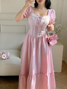 Celisse Pink Lace Patchwork Ruffle Hem Elegant Dress For Women - Pink - View 7