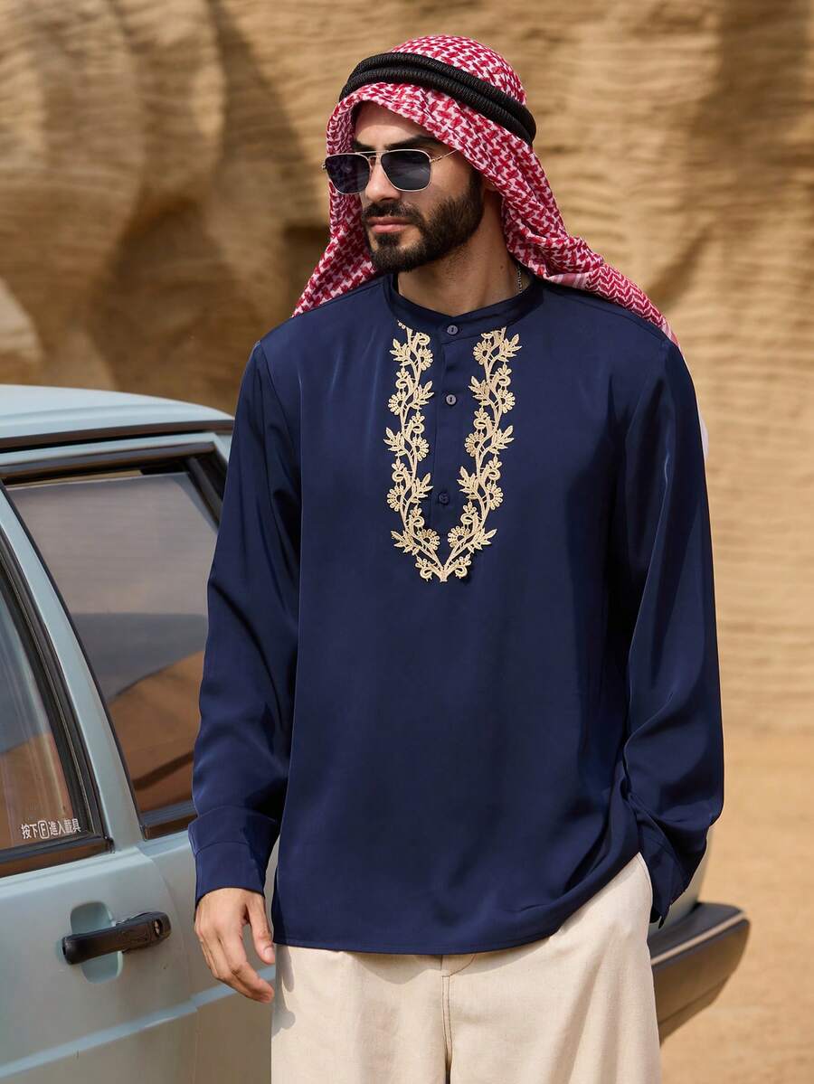 DAZY Navy Blue Long Sleeve Shirt With Collar Trim Design, Middle Eastern Style For Men, Spring - Navy Blue - View 1