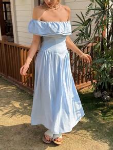 Livesso Vestido midi elegante de hombros descubiertos con volantes para fiestas, vacaciones, bodas y eventos, vestido de verano - Azul - Ver 3