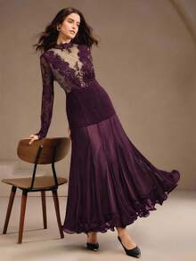 Anewsta 女士优雅浪漫蕾丝长袖修身拼接荷叶边下摆中长连衣裙 - 紫色 - 查看 7