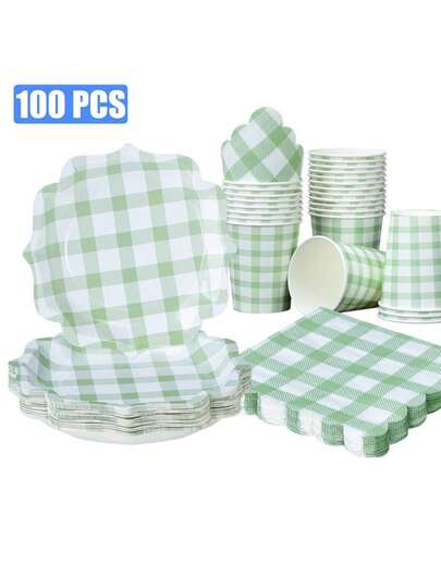 100 Pieces Of Grass Green Checkered Four-Cornered Petal-Shaped Paper Plates And Napkins For Party Supplies, 7/9-Inch Disposable Paper Plates In Grass Green And White Checkered Plates, Fan-Shaped Checkered Plates, Paper Cups, And Paper Towels, Suitable For Birthday Dinners, Picnics, Barbecue Parties