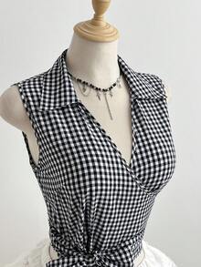 Elamini Criss-Cross Bow Tie Plaid Women Shirt - Blue and White - View 3
