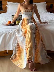 DAZY Summer Vacation Wave Striped Spaghetti Strap Camisole Waist Maxi Nightgown For Women - Khaki - View 1