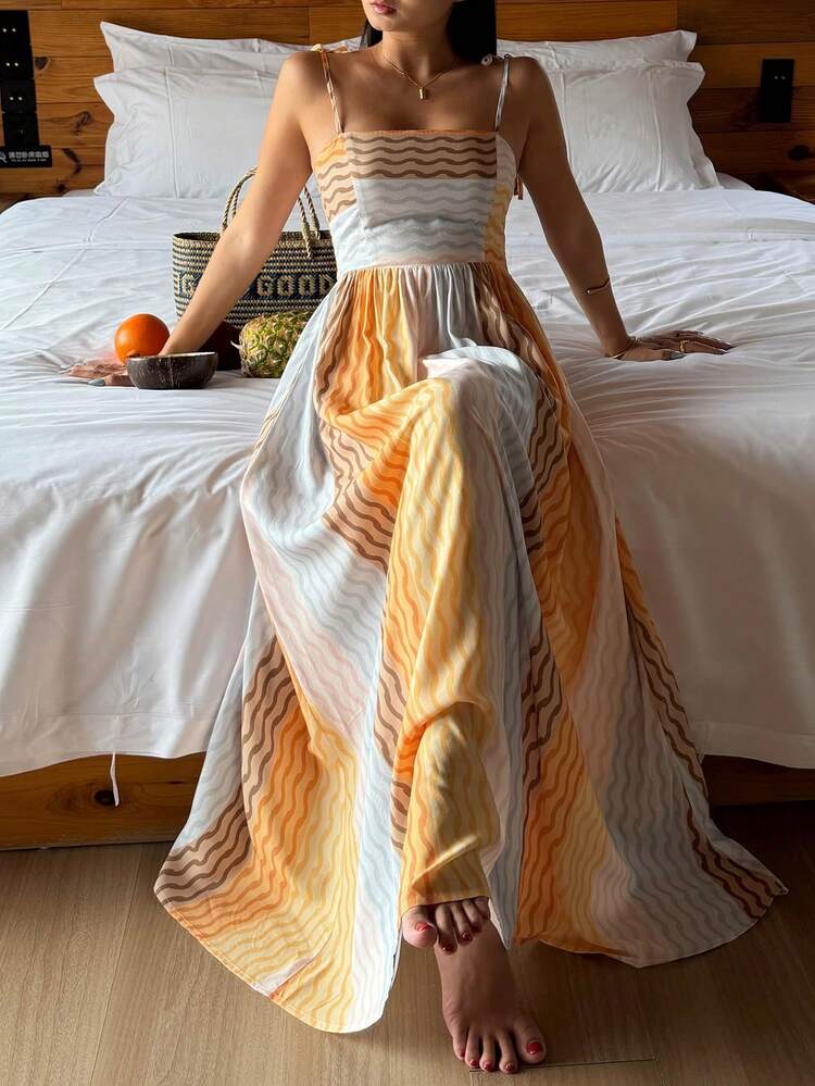Summer Vacation Wave Striped Spaghetti Strap Camisole Waist Maxi Nightgown For Women