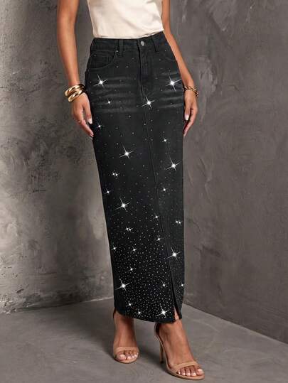 SHEIN BAE 女士水钻装饰口袋长款牛仔裙