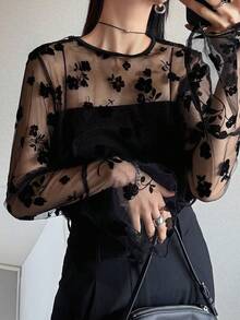 FRIFUL 女士圆领蕾丝面料修身喇叭袖纯色休闲T恤外出上衣 - 黑色 - 查看 6