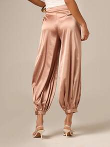 AiiRZ Pantalones harem de satén lujosos con cintura elástica con cordón para comodidad relajada en el día a día y un estilo versátil - Beis - Ver 2