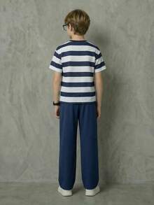 SHEIN Casuvi Kids 2pcs Boys' Striped Shield Logo Knit Casual Loose Comfortable T-Shirt And Elastic Waist Pants Set Boys Casual Pants Suit Outfit - Navy Blue - View 2