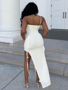 Alexandranx 女士度假针织华夫格纹理修身长裙，开衩，抽绳设计。适合派对、约会、性感、下午茶、海滩、夏季音乐节、婚礼季节 - 杏色 - 查看 2