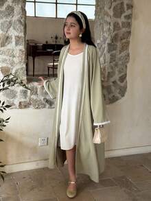 DAZY Tween flickor lös passform lång kofta med kantdetalj, höst - Grön - Visa 4