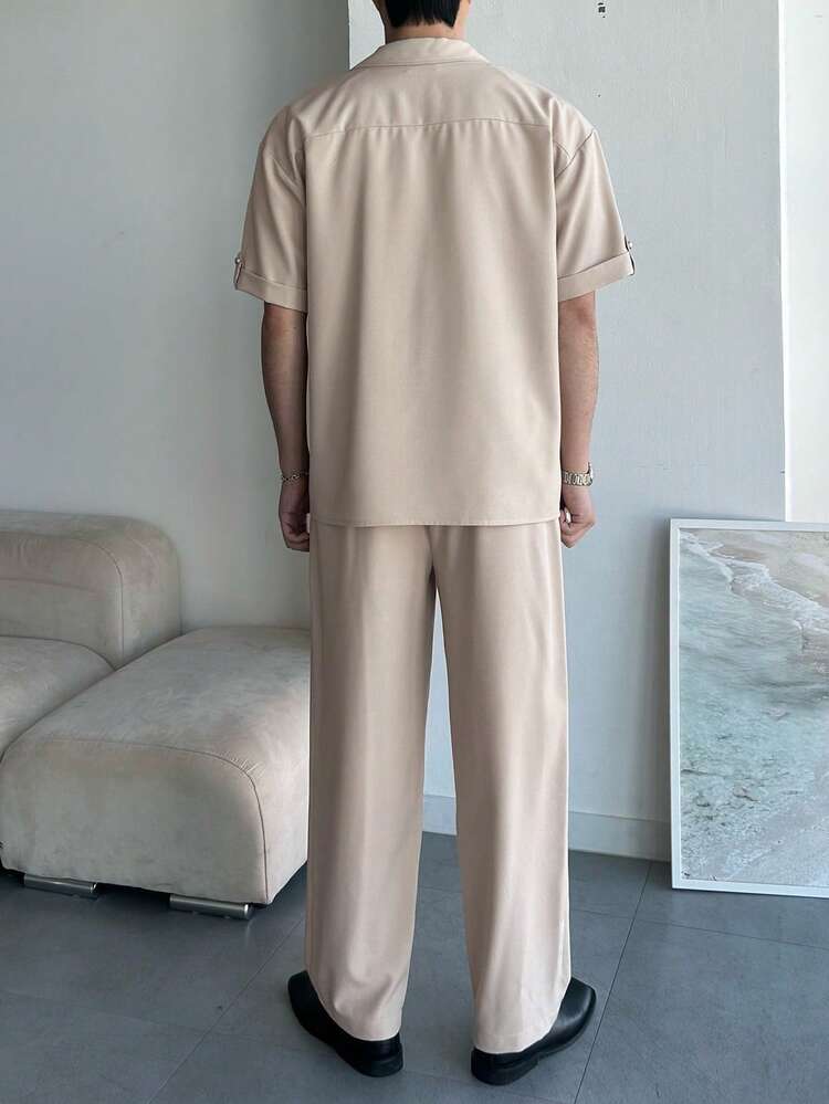 Men's Short Sleeve Shirt And Pants Set, Apricot T-Shirt, Spring/Summer