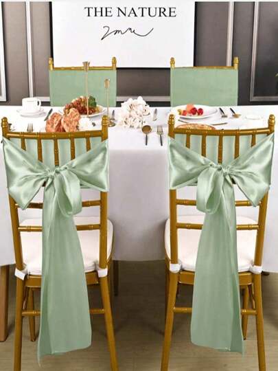 4pcs/10pcs Sage Green Satin Bow Chair Back Decor, Universal Silk Wedding Chair Sash Ribbon, Suitable For Restaurant, Banquet, Graduation Ceremony, Valentine's Day, Birthday Party, Home, Kitchen, Reception, Dining Chair Decoration