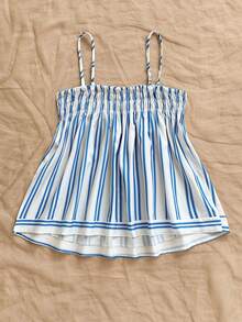 Soleia Vestido de verano con volantes y tirantes a rayas para vacaciones en la playa - Azul y blanco - Ver 5