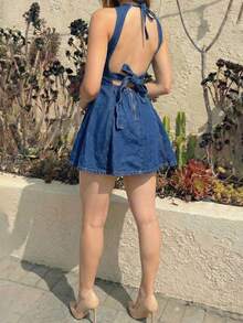 SHEIN ICON Women's Round Neck Open Back Tie Design Sleeveless Denim Dress - Dark Wash - View 2