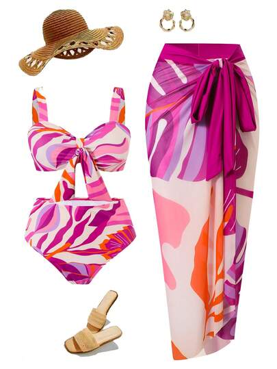 Swim Oasis Plus Size Multi-Color Circular Print Wide Strap Chest Tie Swimwear Top Paired With High Waist Circular Print Triangle Bottoms, Mesh Circular Print Side Tie High Slit Maxi Skirt, Elegant Beach Resort Style Women Swimwear Set