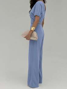 Aloruh 新款简约纯色杏色褶裥装饰不对称肩部连体裤，性感收腰阔腿裤 - 霧霾藍 - 查看 3