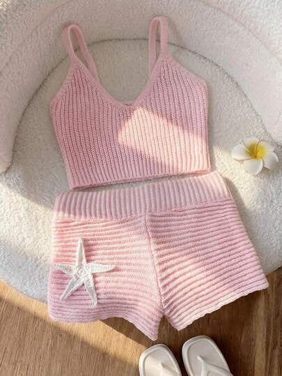GlowEve 2pcs/Set Starfish Print Camisole Top And Shorts, Fashionable Beachwear Sexy Knit Outfit