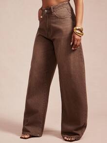 Vixey High Waist Slant Pocket Casual Barrel Leg Jeans - Brown - View 4