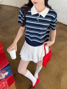 DAZY Áo len cổ bẻ kẻ sọc dành cho nữ, phong cách Hàn Quốc tươi trẻ, thích hợp cho mùa hè. - Màu xanh lam - Xem 8