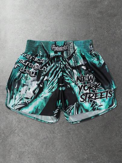 ROMWE MEN Adventure Time X ROMWE Pantalones cortos de boxeo con estampado de la estatua de la libertad, moda de verano para hombres