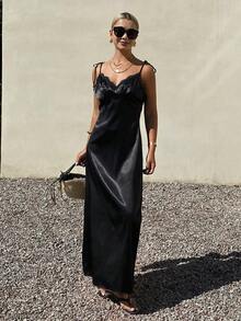 DAZY Women's Solid Color Lace Casual Vacation Date Night Maxi Slip Dress Sundress Summer Cocktail Dress - Black - View 6