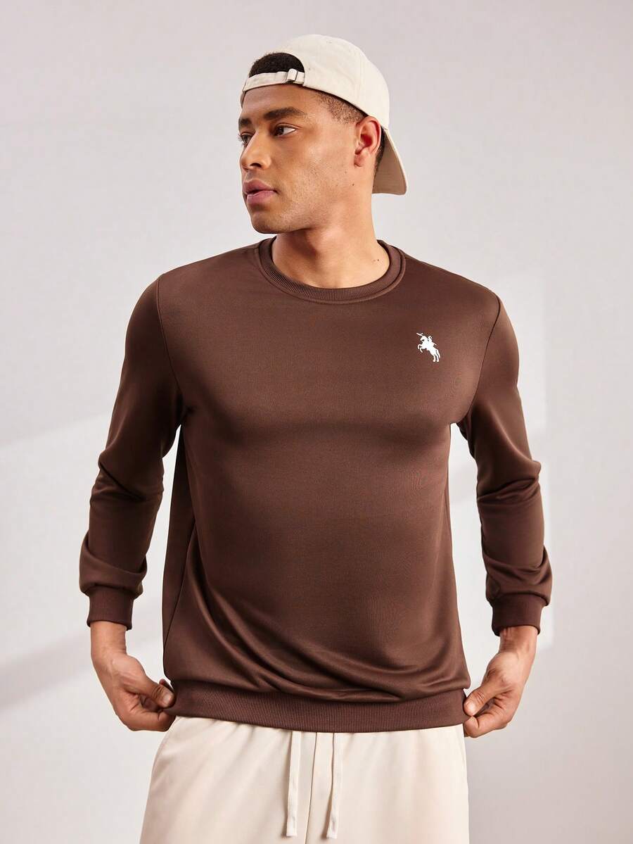 Driftmere Men's Casual Everyday Commute Minimalist Horseback Riding Print Fitted Crew Neck Sweatshirt, Spring/Autumn - Brown - View 1