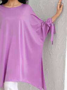 Graceveil Solid Color Round Neck Bowknot Cuff Asymmetric Hem Loose Casual Soft T-Shirt For Women - Purple - View 8