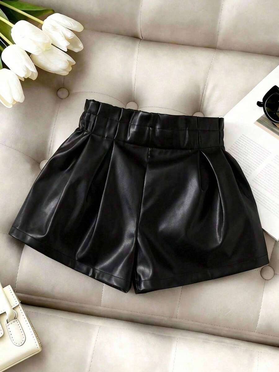 SHEIN 女婴连体可爱纯色PU皮短裤,法式优雅淑女风,返校季,时尚街头风,母女装亲子装黑色皮短裤高腰短裤 - 黑色 - 查看 1
