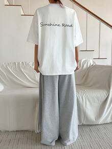 DAZY 女士休闲宽松印花T恤和直筒裤两件套，夏季 - 白色 - 查看 6