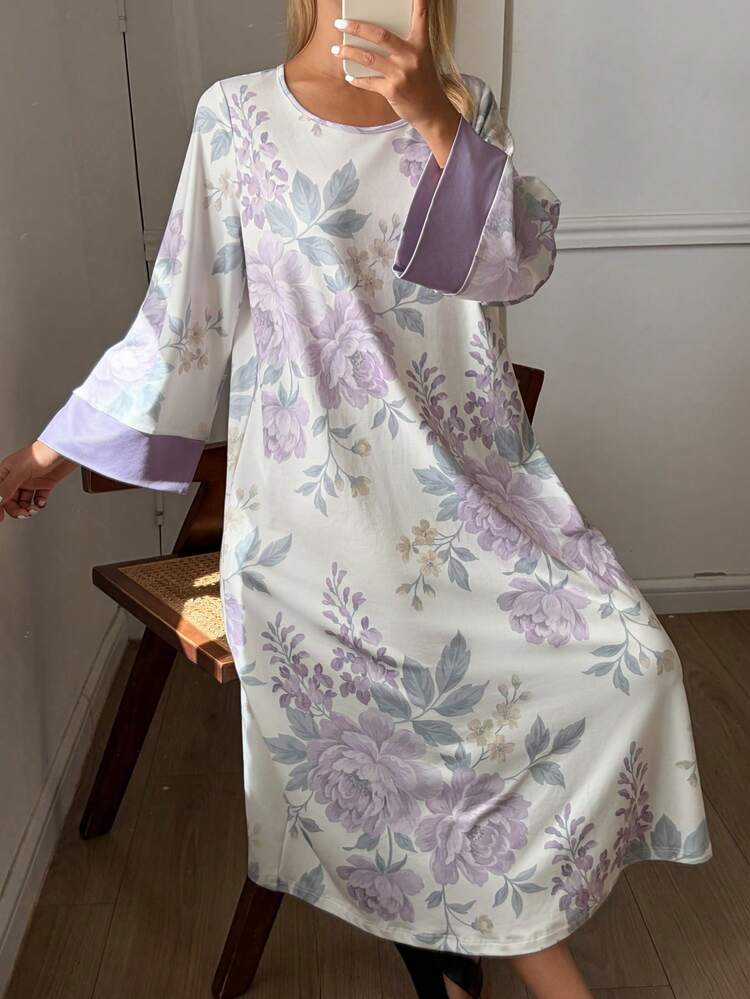 Elegant Floral Print Color Block Loose Women's Nightgown, Spring/Summer