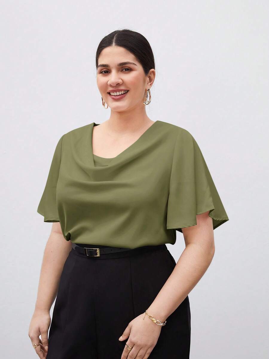 Maija 大码女式纯色垂褶领短袖优雅衬衫，适合圣帕特里克节、复活节、夏季、复活节派对、海滩度假、夏季外出、毕业典礼、毕业典礼休闲等场合。 - 綠色 - 查看 1