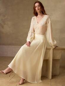 MOTF PREMIUM SPRING/SUMMER NEW BEADED COLLAR V-NECK LONG SLEEVE FASHIONABLE ELEGANT OFFICE LADY TOP - Apricot - View 5