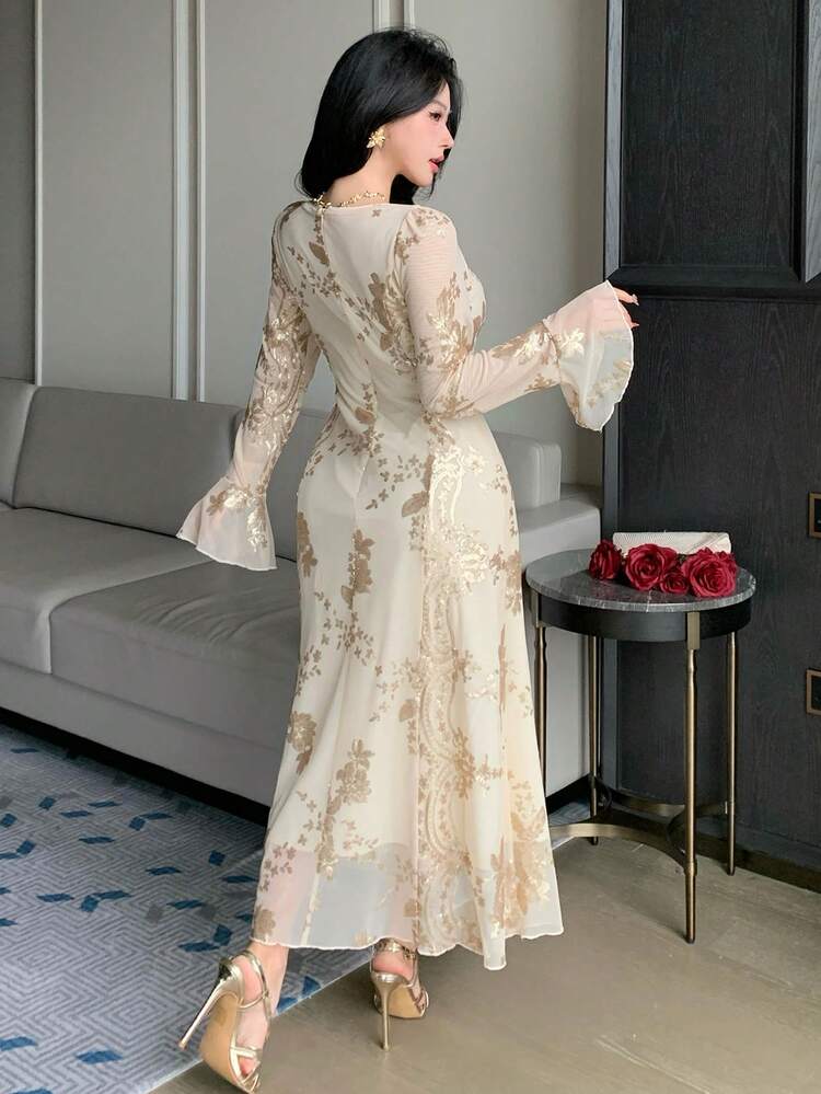 Women's Elegant Sequin Floral Petal Sleeve Mid-Length Dress, Spring/Summer,Wedding Guest Dress Women Sundress