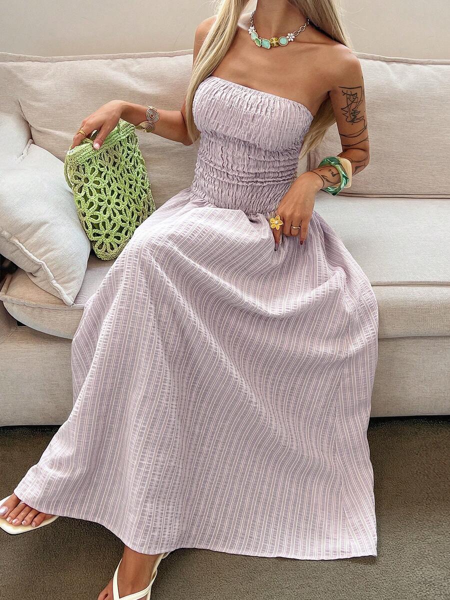 Livesso 女士条纹无肩带时尚中长连衣裙，适合度假 - 淺粉色 - 查看 1