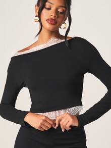MISSGUIDED ملابس علوية أنيقة للمساء ذات أكمام طويلة وكتف واحد مكشوف مع تفاصيل دانتيل أبيض رقيقة، موضة الخريف والشتاء - الأسود - مشاهدة 4