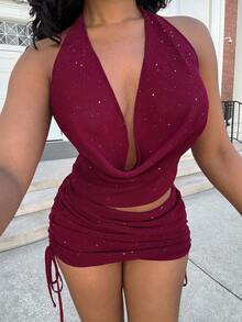 Alexandranx 女式闪亮亮片垂坠领短款细肩带背心和抽绳腰部紧身迷你裙性感套装 - 酒紅色 - 查看 6
