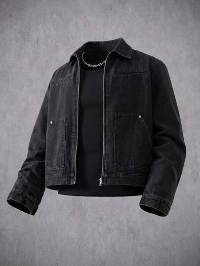 Manfinity Denimwave Áo khoác denim ngắn tay dài màu đen bạc cho nam, kiểu dáng thường ngày, thích hợp cho mùa xuân/hè, phong cách punk, boyfriend hoặc husband, dáng ôm sát, phù hợp với Halloween, Lễ Các Thánh, mùa thu.