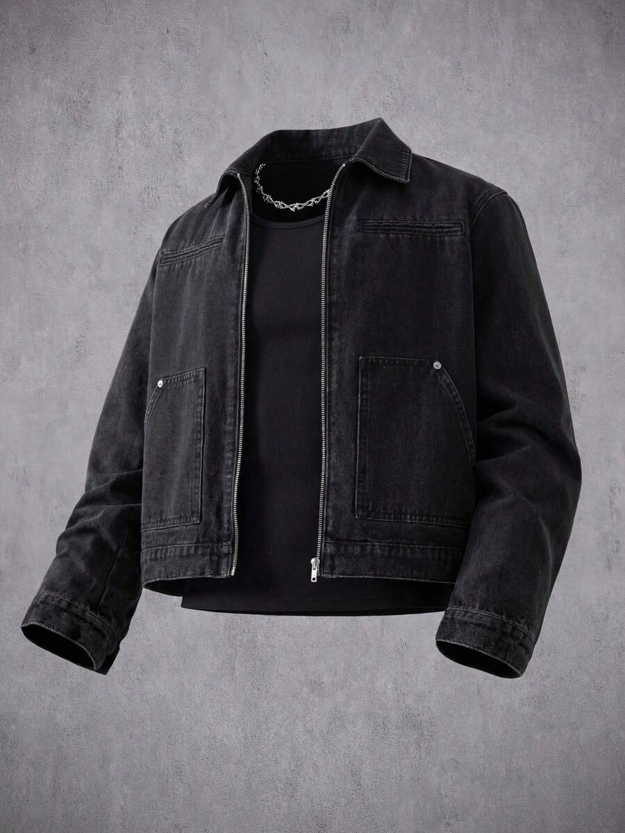 Manfinity Denimwave 男士长袖休闲水洗黑色短款牛仔夹克,春夏朋克风男友/老公款修身水洗黑色,适合都市万圣节、万圣节、秋季等场合。 - 黑色 - 查看 1