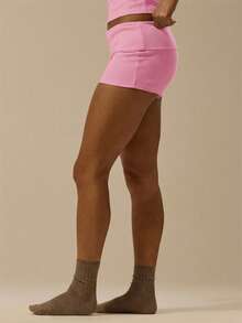 MUSERA ESSENTIALS Rib Fold Over Waist Mini Shorts Basic Spring Summer Vacation Holiday Winter Pants - Baby Pink - View 4