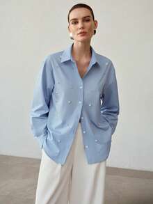 PREMIUM POSITIONED RHINESTONE BUBBLE ELEGANT CASUAL SHIRT - Blue - View 5