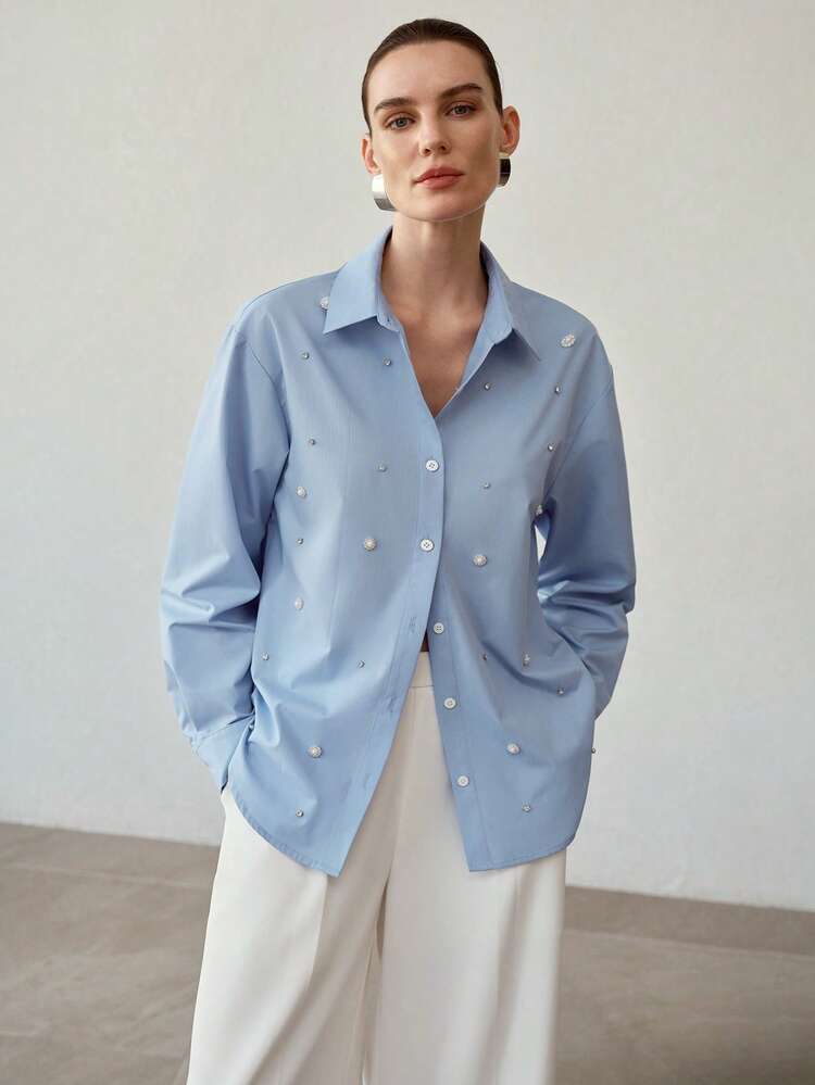 POSITIONED RHINESTONE BUBBLE ELEGANT CASUAL SHIRT
