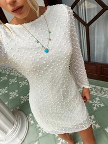 MainGRL 女士杏色提花面料露背A字连衣裙，适合春夏度假、浪漫场合和约会。 - 杏色 - 查看 5