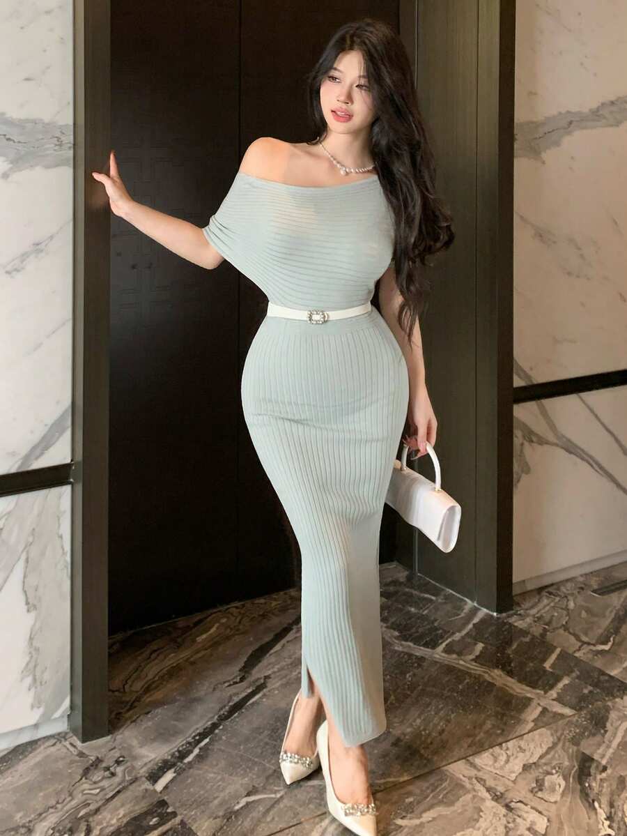 DAZY 春夏清新绿色露肩连衣裙，优雅百搭，适合情人节、婚礼、派对、宴会等场合，修身针织中长连衣裙，女士款 - 薄荷綠 - 查看 1