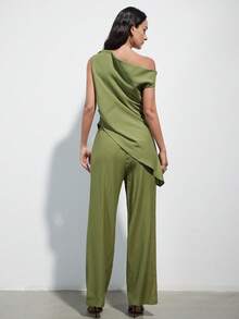 Aveloria Modichic Women's Elegant Olive Green Two-Piece Set Summer Faux Linen One Shoulder Ruched Knot Asymmetric Hem Tops & Wide Leg Pants Minimalist Brunch Outfits - Green - View 4