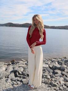 Sydney Algeri Áo len nữ dáng ôm cổ tròn thanh lịch giản dị phong cách học đường đa năng có gân trang trí nút - Màu Đỏ Sâu - Xem 4